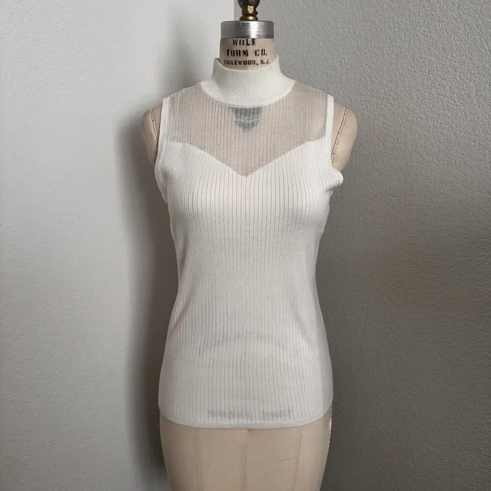 NWT Tahari Ivory Ribbed Knit Sheer Mesh Yoke Sleeveless Top Size Large - Picture 1 of 9